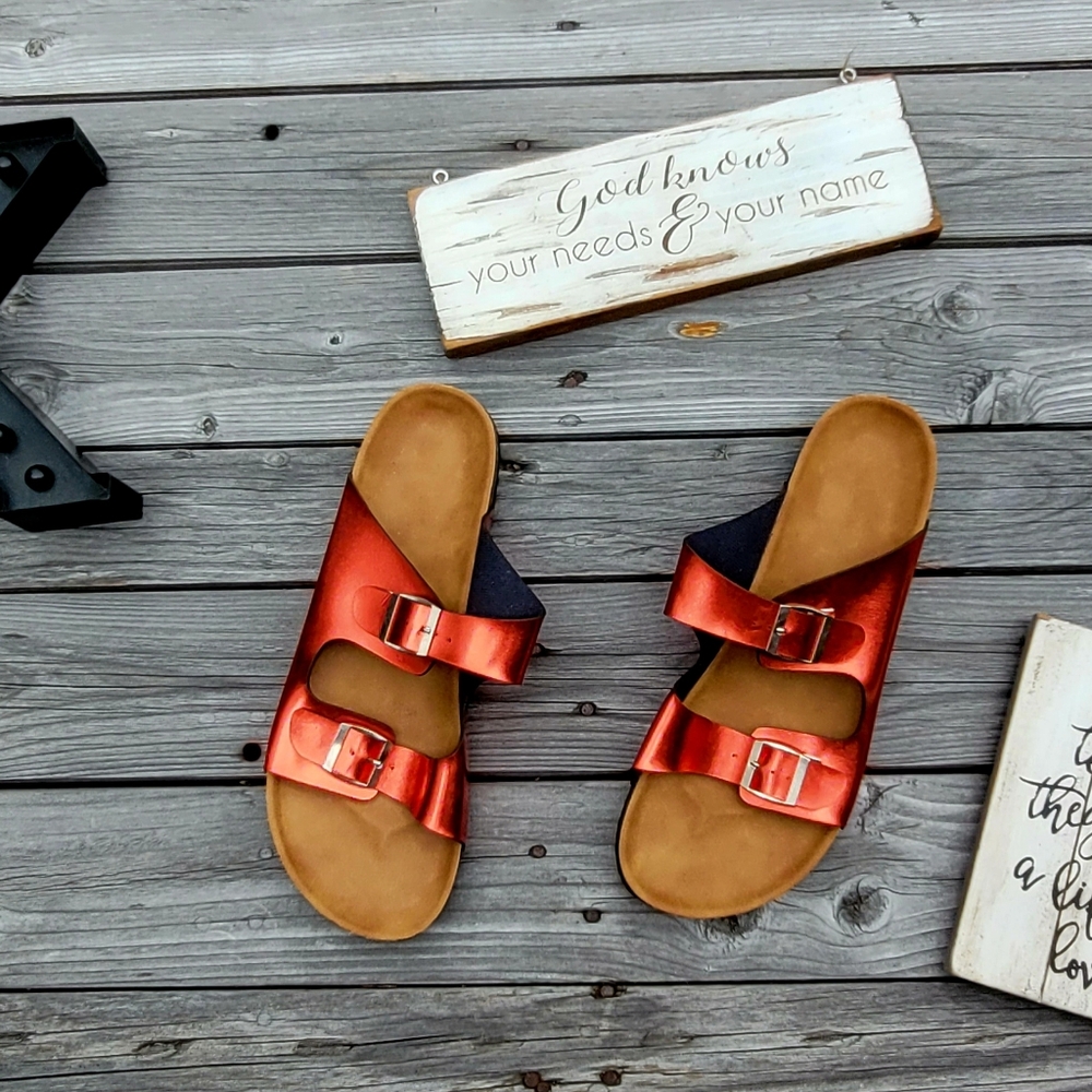 Metallic Red Two Band Sandals - Picture 6 of 9